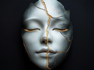 A close-up of a serene white mask with closed eyes featuring golden cracks symbolizing repair and resilience on a dark background