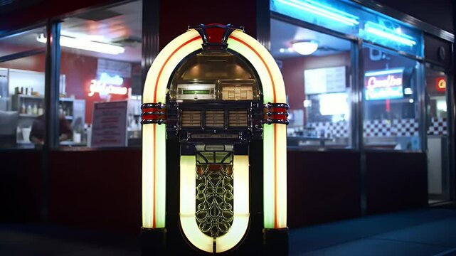 Glowing jukebox stands outside a retro-style diner at night