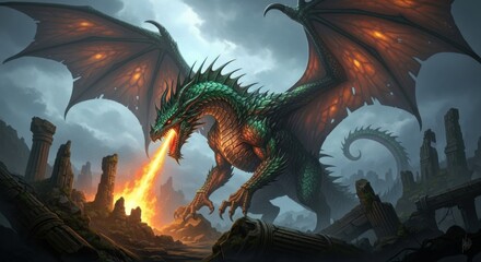 Fototapeta premium Majestic green dragon unleashes fiery breath amidst ancient ruins and stormy skies
