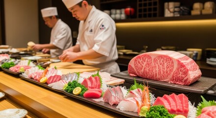 Chefs preparing fresh seafood and premium beef cuts at sushi counter