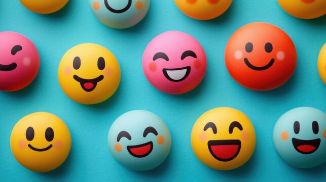 colorful happy and smiling emoji balls arranged on blue background expressing joy and positivity