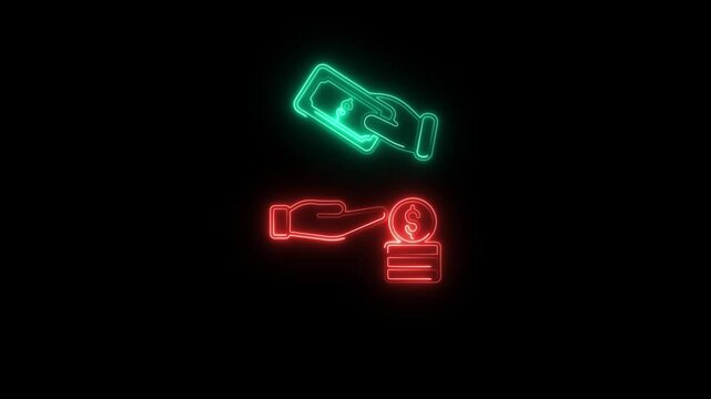 Glowing neon receivable money icon animation black background. 4K Video motion graphic animation.