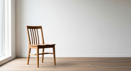 Wooden chair stands alone against a white wall bathed in soft natural light.