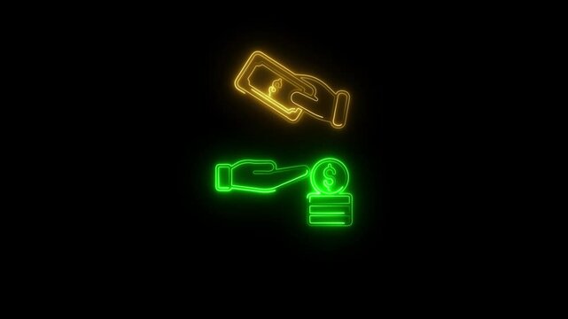 Glowing neon receivable money icon animation black background. 4K Video motion graphic animation.