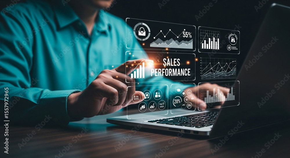 Poster Person using laptop with sales performance data and various business related infographics displayed
