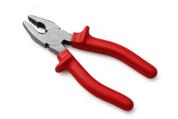Combination pliers featuring red handles, cutting wires and gripping objects against transparent backdrop, serving professional maintenance needs