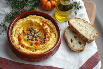 Creamy hummus garnished with pumpkin seeds and paprika drizzle served in a brown ceramic bowl with olive oil bottle and sliced bread on a white cloth with herbs and small pumpkin in background