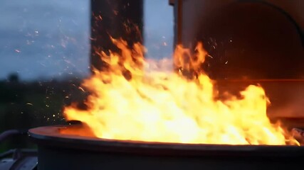 Fire roars inside a metal ring under evening sky, tool stirs the flames - Powered by Adobe