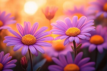 Fototapeta premium Close-up of vibrant purple daisies with yellow centers bathed in warm golden sunlight creating a peaceful and beautiful natural scene