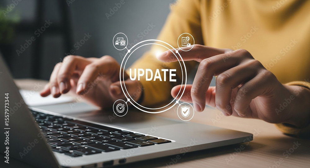 Aufkleber person using laptop with update graphic overlay, showing hands typing on the keyboard close up