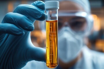 Close-up of a scientist wearing protective gloves and a mask carefully holding a test tube with amber liquid in a laboratory setting
