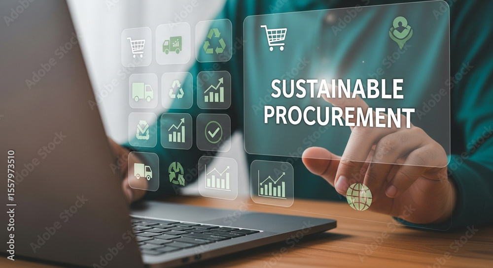 Poster a person interacting with a laptop displaying sustainable procurement icons and text overlaying the 