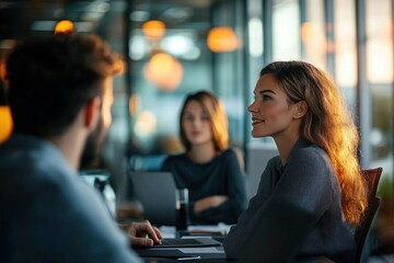 Fototapeta premium Three young adults engaged in conversation around a table in a modern office setting with warm lighting and a relaxed atmosphere