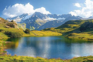 Serene mountain lake surrounded by lush green hills with snow-capped rocky peaks under a bright blue sky with fluffy white clouds