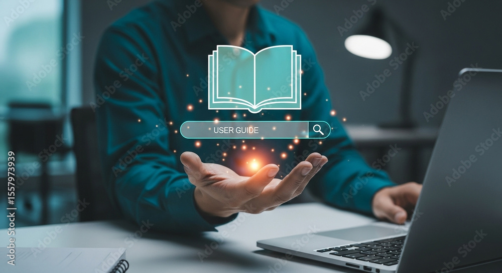 Poster Man using laptop with user guide search and book icon hovering over his hand in a modern office