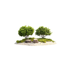  Two lush green trees and two brown tree stumps representing deforestation contrast isolated on white background