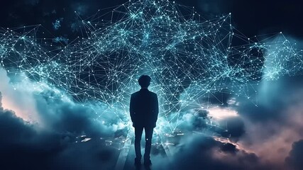 A person stands in awe, gazing at a digital network of connections amidst a mystical cloudscape - Powered by Adobe