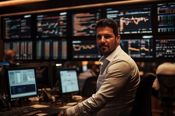 An expert in finance analyzing data across multiple screens in a computer room.