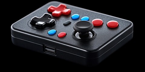 Close-up of a black handheld game controller with red, blue, and black buttons and joystick on a black background