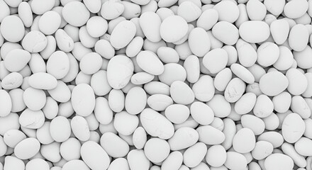 A top-down view of smooth white pebbles creating a serene and natural stone texture background.
