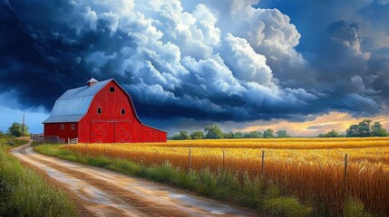 Obraz premium Red barn beside a dirt road with golden wheat fields under dramatic dark storm clouds and patches of blue sky