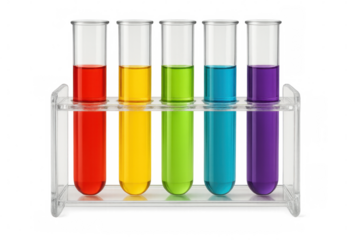 Glass test tubes filled with rainbow colored liquids are displayed in a transparent rack, ready for scientific analysis