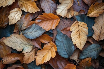 Fototapeta premium Close-up of fallen autumn leaves in shades of brown, orange, and bluish-gray creating a textured natural pattern