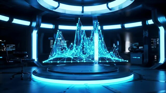 Futuristic room with glowing data graph on a platform, blue lighting - Powered by Adobe