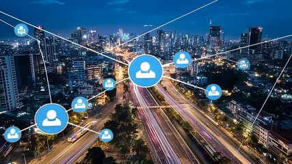 Aerial view of a bustling city at dusk with digital connectivity symbols representing networking - Powered by Adobe