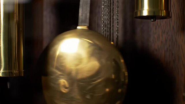 Gold clock pendulum gleaming, hanging with chain against wooden frame