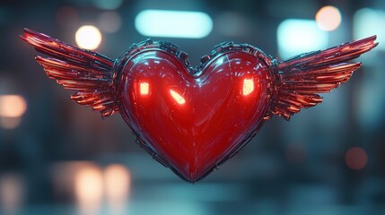 Glossy red heart with detailed mechanical wings hovering in a futuristic blurred background, evoking a sense of innovation and passion