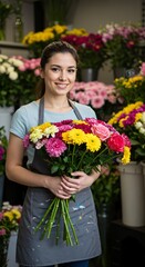 Fototapeta premium Smiling Female Florist in Floral Shop Holding Colorful Bouquet of Flowers
