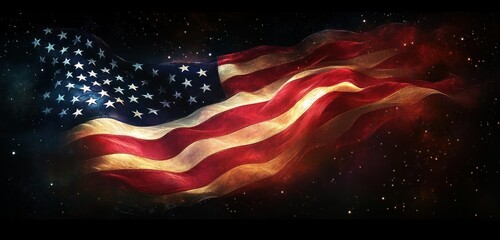 Waving American flag with stars and stripes glowing against a dark starry background evoking patriotism and pride