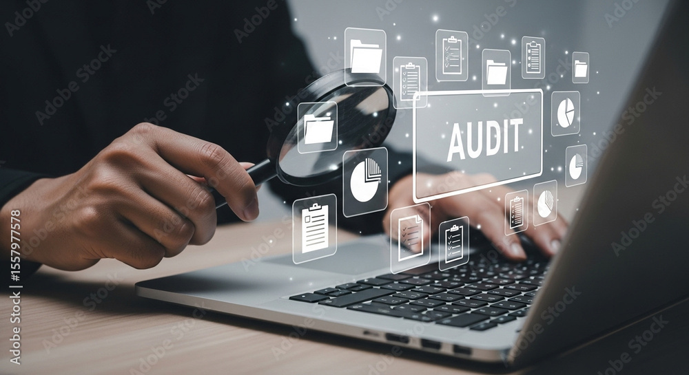 Poster person using laptop with audit icon and magnifying glass for business finance analysis process