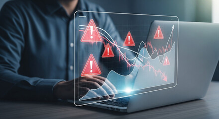 Man using laptop with warning signs and stock chart overlay indicating potential risk and market volatility