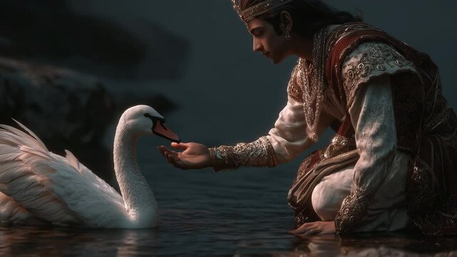 A serene moment captures a young prince Siddhartha reaching out to a swan by the water's edge, embodying tranquility and connection with nature. Inspired by Buddhist texts.