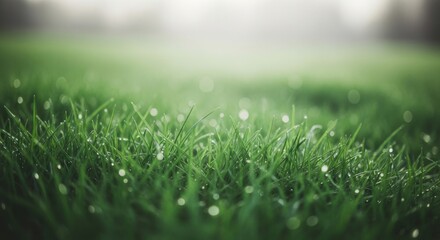 Fototapeta premium Dewdrops on lush green grass in soft morning light