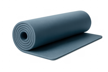 Rolled blue yoga mat isolated on transparent background, promoting health, fitness, and mindful exercise