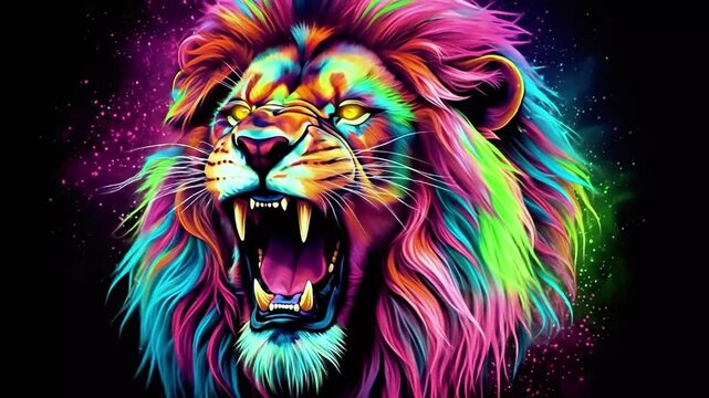 Abstract neon lion head roaring with vibrant colors and futuristic illumination Animation.