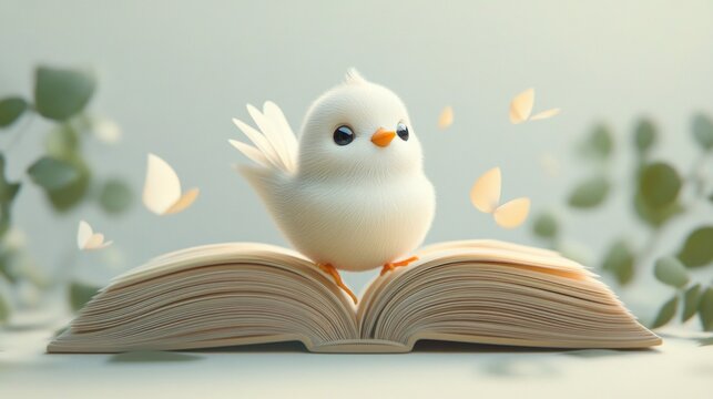 cute fluffy white bird standing on open book with soft glowing butterflies and blurred green leaves background creating peaceful scene
