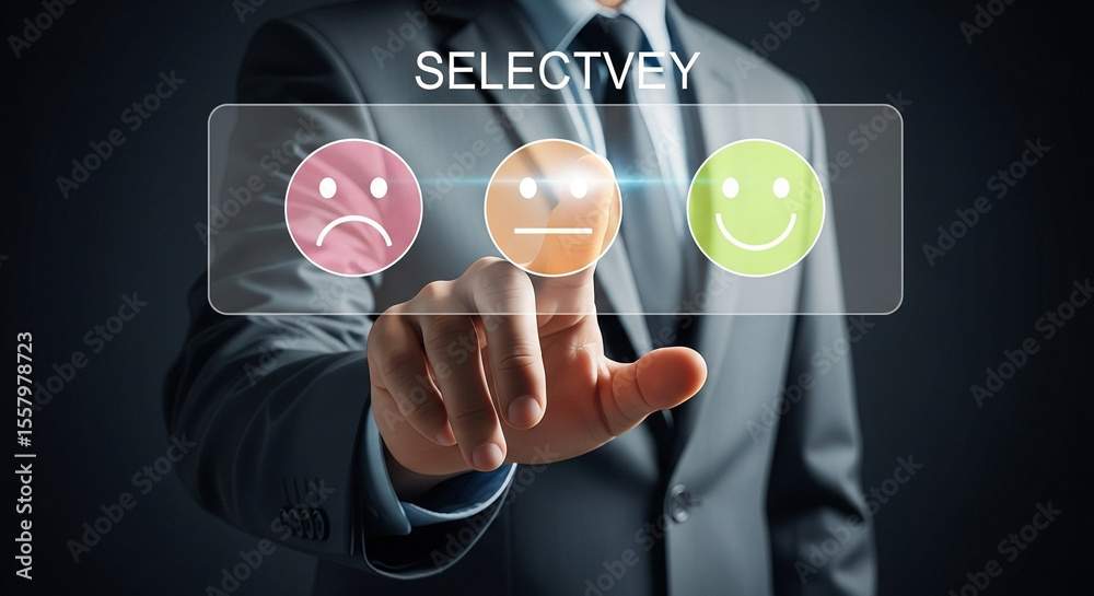 Aufkleber Man in suit selecting neutral feedback option on digital interface with smiley face icons displayed