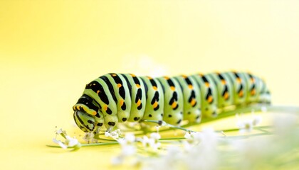 Naklejka premium macro photo shot of a beautiful green caterpillar with black and yellow spots, against a soft yellow minimalist background