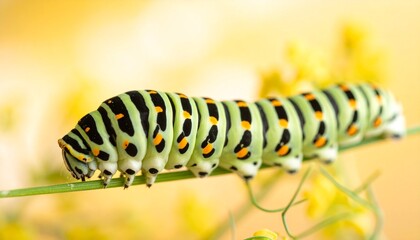 Fototapeta premium macro photo shot of a beautiful green caterpillar with black and yellow spots, against a soft yellow minimalist background