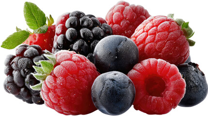 Berry Medley: A close-up studio shot of a mixed berry arrangement with rich, saturated colors, perfect for illustrating the freshness and vibrant flavors of nature's candy.