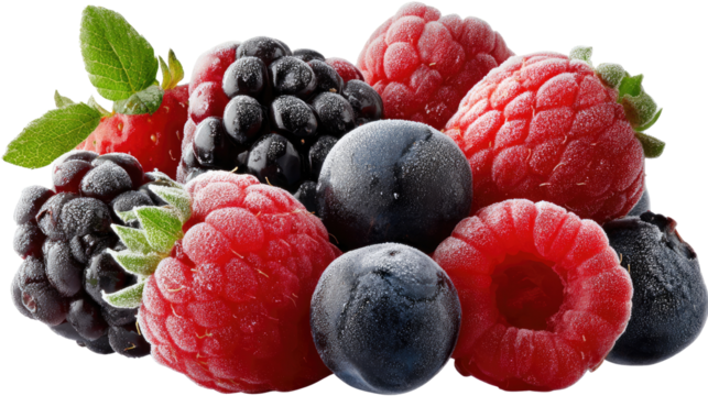 Berry Medley: A close-up studio shot of a mixed berry arrangement with rich, saturated colors, perfect for illustrating the freshness and vibrant flavors of nature's candy.