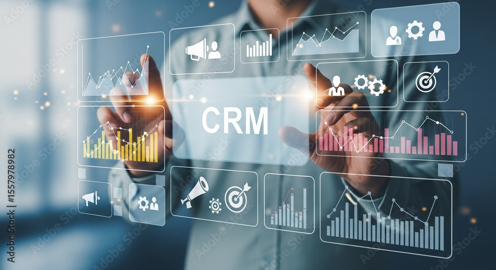 Poster Person interacting with crm interface featuring charts graphs and various business related icons displayed