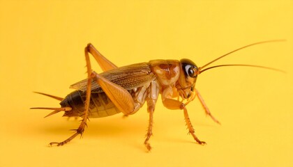 macro photo shot of a cockroach, against a soft yellow minimalist background