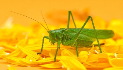 Fototapeta premium macro photo shot of a green grasshopper, with a soft minimal yellow background