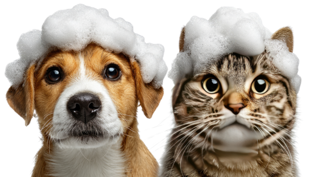 Pampered Pals: A pampered cat and a dog, crowned with fluffy suds, look at the camera, symbolizing grooming and hygiene in a playful and fun way.