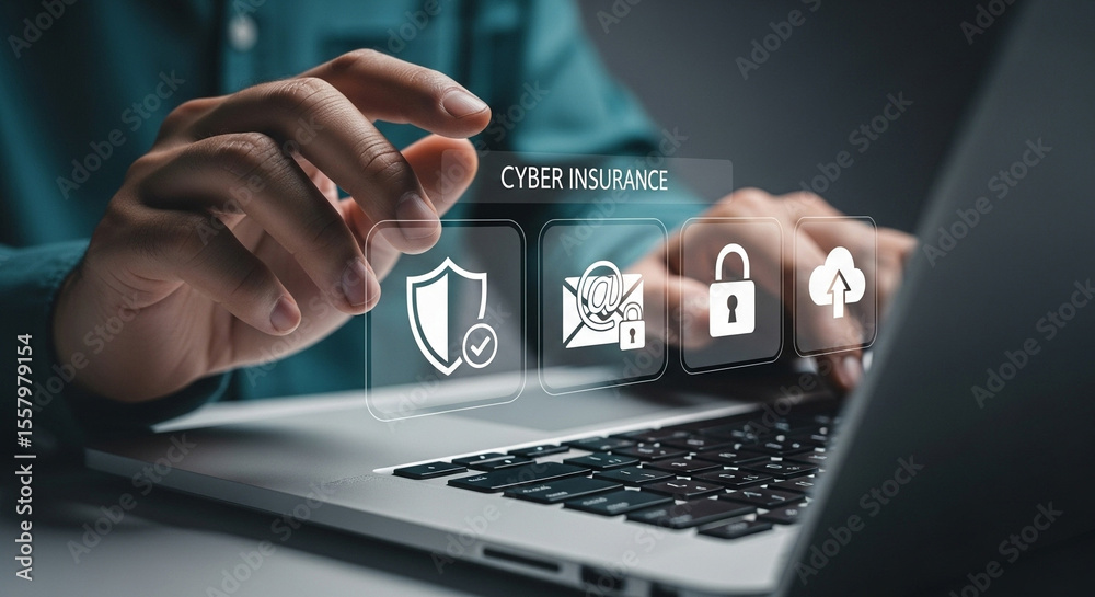 Aufkleber Man typing on laptop with cyber insurance icons displayed above the keyboard in a digital overlay